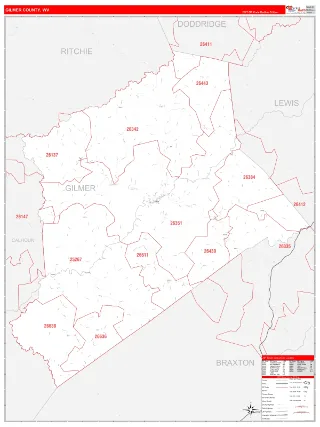 Gilmer County, WV RedLine style ZIP Code wall map