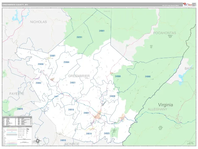 Greenbrier County, WV ZIP Code Wall Map, Classic style