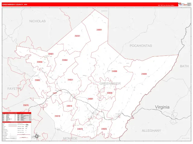 Greenbrier County, WV ZIP Code Wall Map, RedLine style