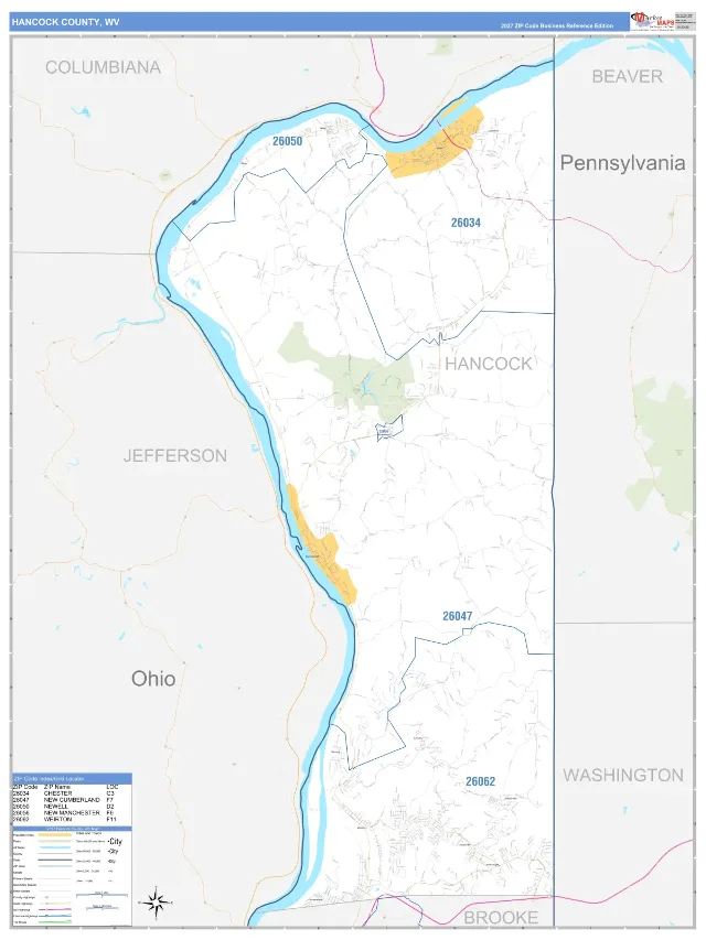 Hancock County, WV ZIP Code Wall Map, Business Reference style