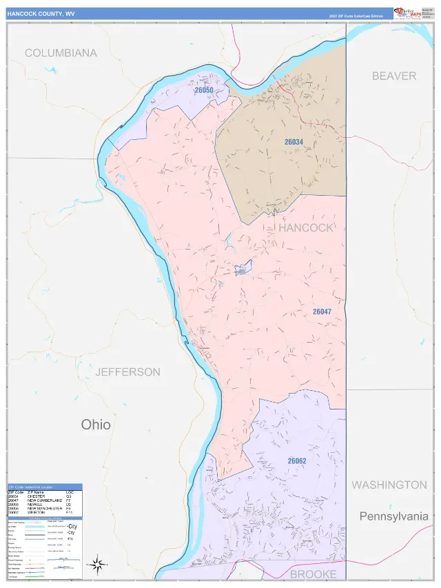 Hancock County, WV ZIP Code Wall Map, ColorCast style