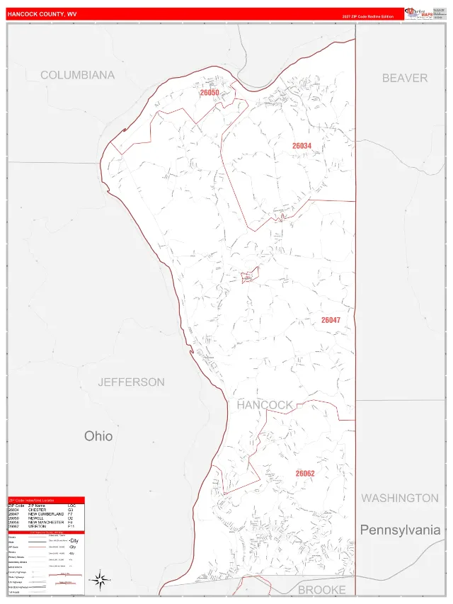 Hancock County, WV ZIP Code Wall Map, RedLine style