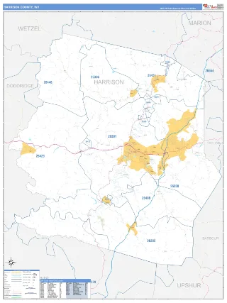 Harrison County, WV Business Reference style ZIP Code wall map