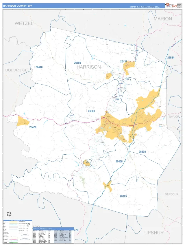 Harrison County, WV ZIP Code Wall Map, Business Reference style