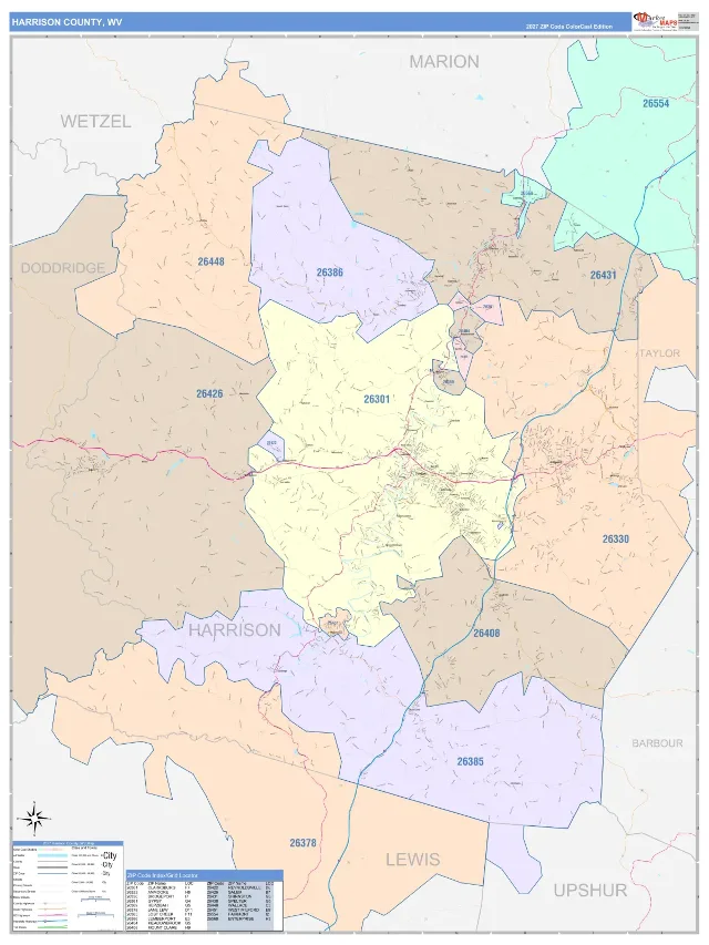 Harrison County, WV ZIP Code Wall Map, ColorCast style