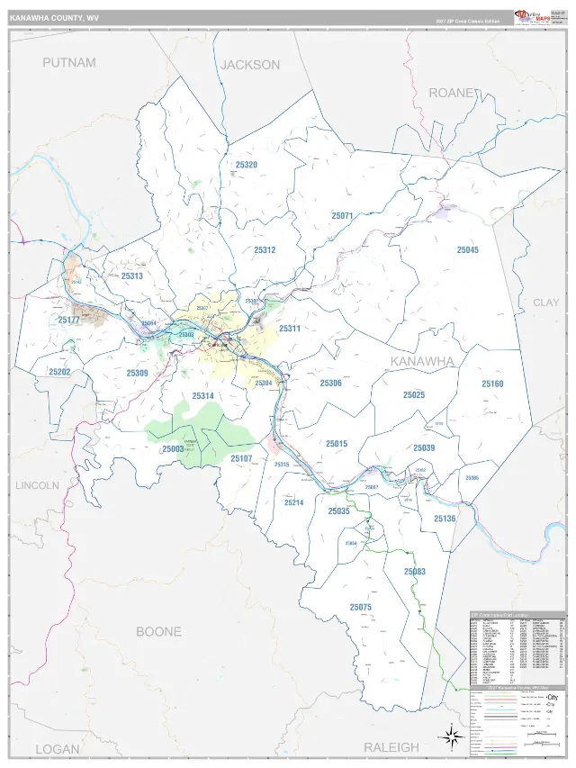 Kanawha County, WV ZIP Code Wall Map, Classic style