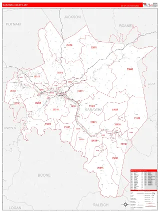 Kanawha County, WV RedLine style ZIP Code wall map