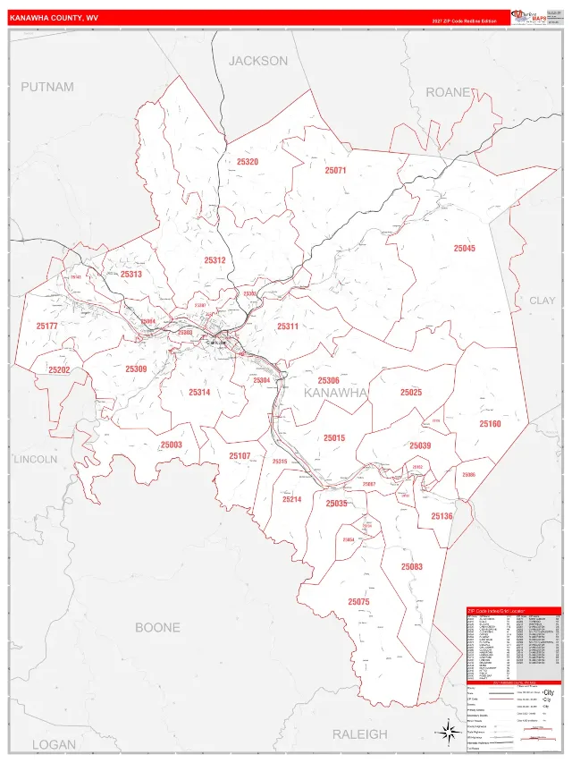 Kanawha County, WV ZIP Code Wall Map, RedLine style