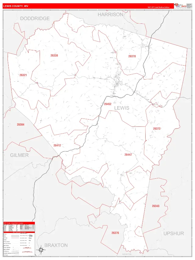 Lewis County, WV ZIP Code Wall Map, RedLine style