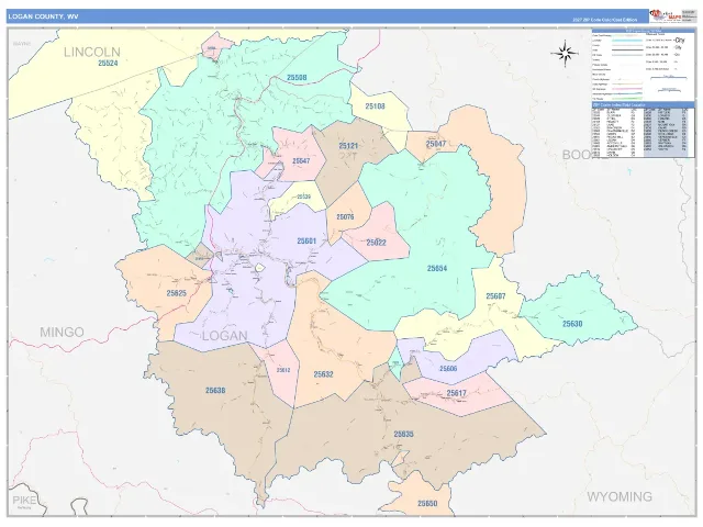 Logan County, WV ZIP Code Wall Map, ColorCast style