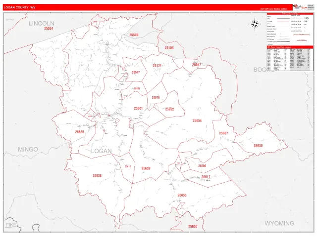Logan County, WV ZIP Code Wall Map, RedLine style