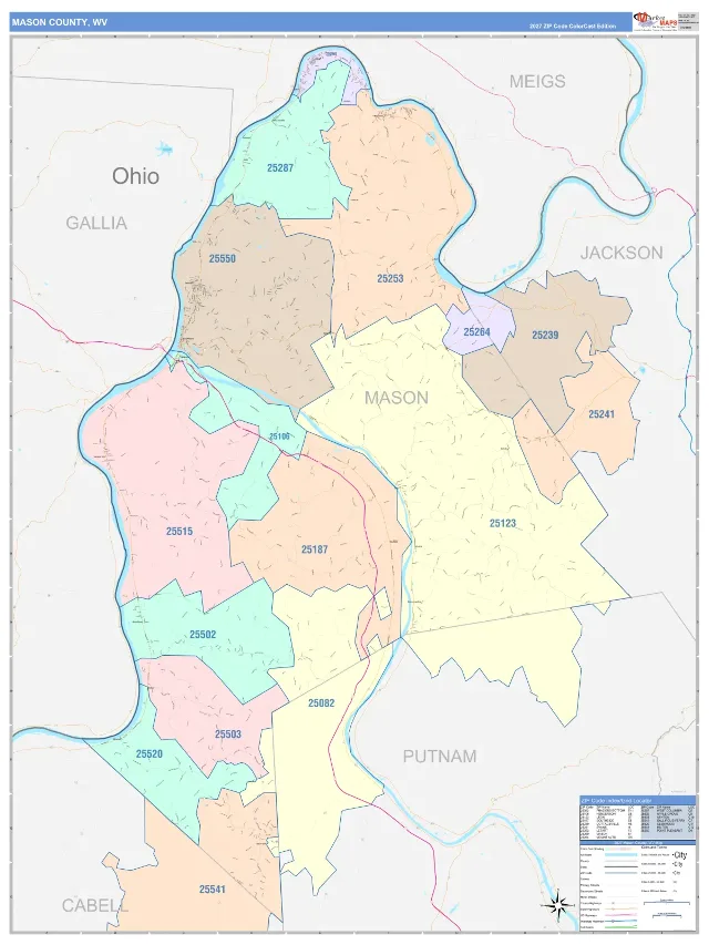Mason County, WV ZIP Code Wall Map, ColorCast style