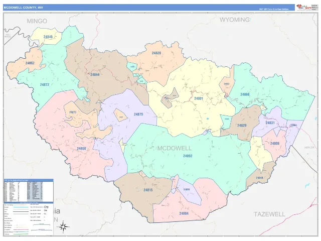 McDowell County, WV ZIP Code Wall Map, ColorCast style