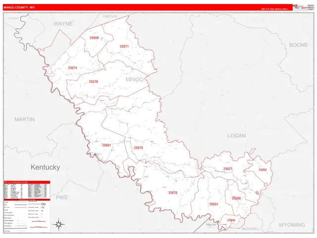 Mingo County, WV ZIP Code Wall Map, RedLine style