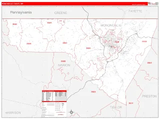 Monongalia County, WV RedLine style ZIP Code wall map