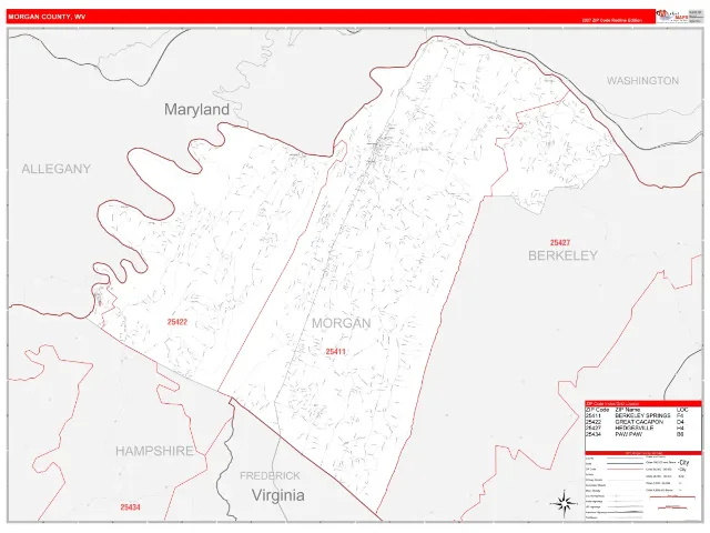 Morgan County, WV ZIP Code Wall Map, RedLine style