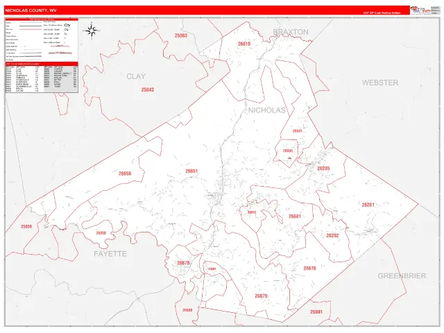 Nicholas County, WV ZIP Code Wall Map, RedLine style