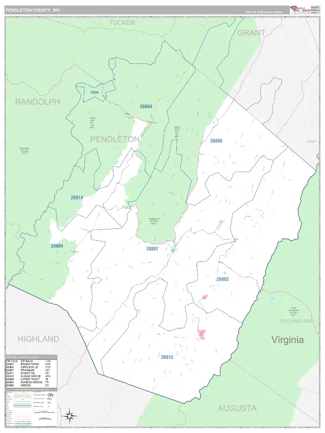 Pendleton County, WV ZIP Code Wall Map, Classic style