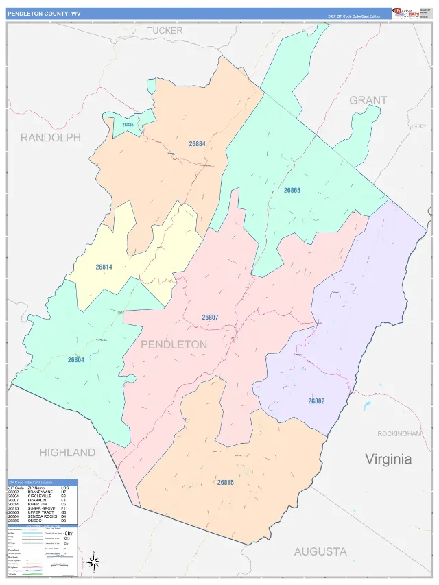 Pendleton County, WV ZIP Code Wall Map, ColorCast style
