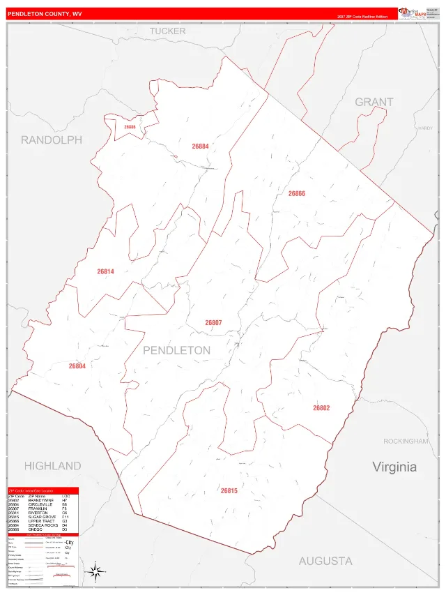 Pendleton County, WV ZIP Code Wall Map, RedLine style