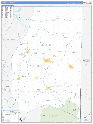 Preston County, WV Business Reference style ZIP Code wall map