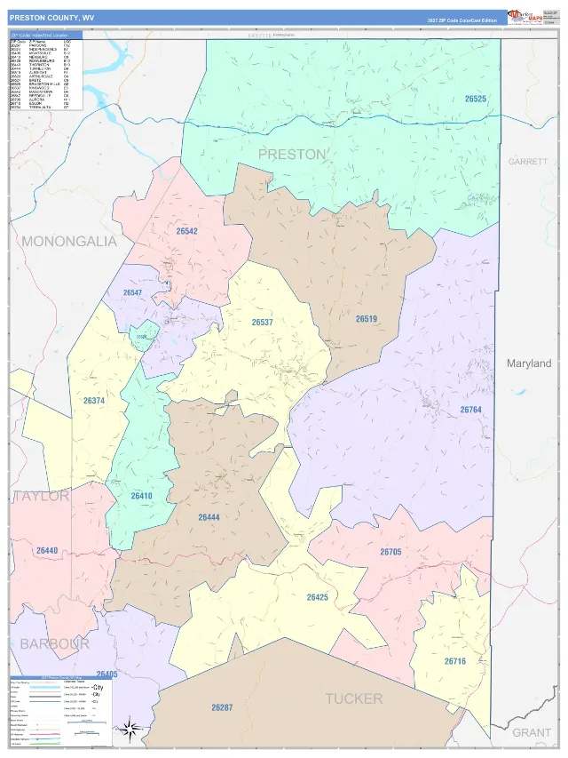 Preston County, WV ZIP Code Wall Map, ColorCast style