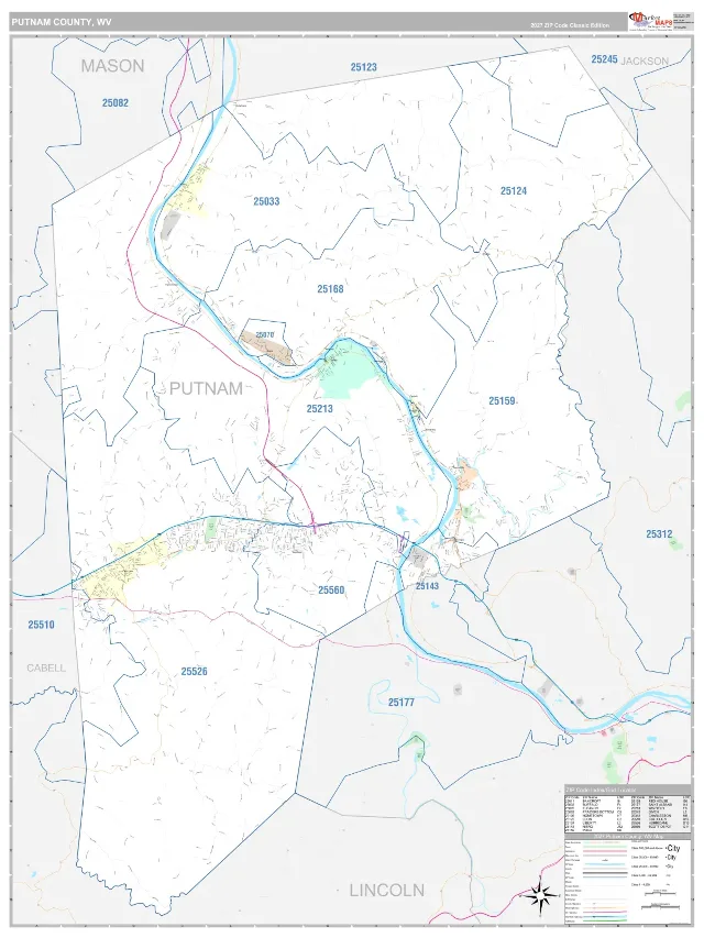 Putnam County, WV ZIP Code Wall Map, Classic style