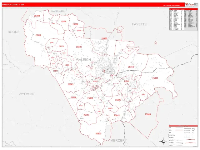 Raleigh County, WV ZIP Code Wall Map, RedLine style