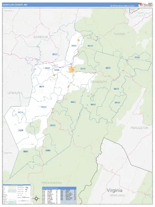Randolph County, WV Business Reference style ZIP Code wall map