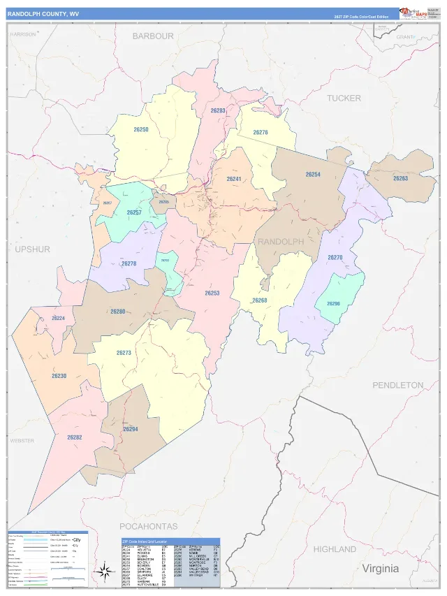 Randolph County, WV ZIP Code Wall Map, ColorCast style