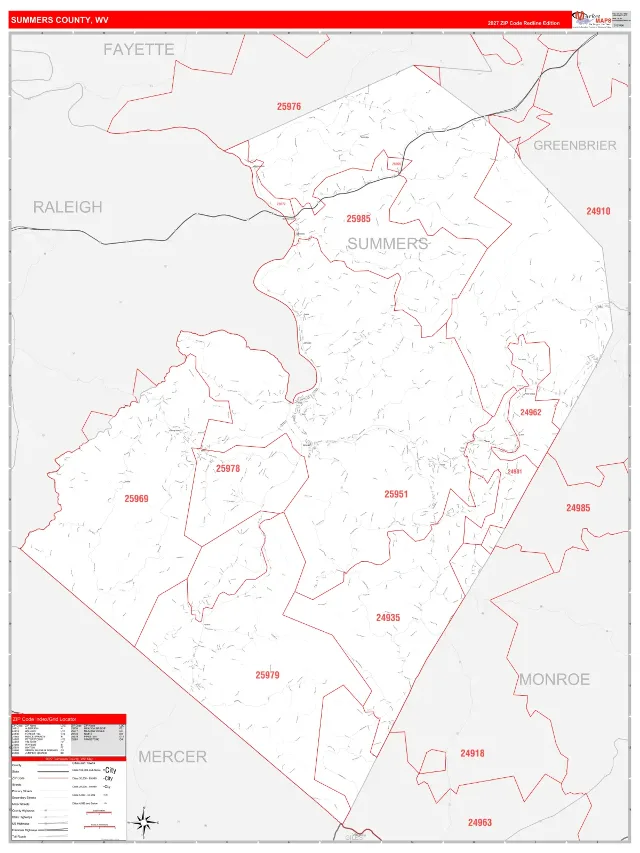 Summers County, WV ZIP Code Wall Map, RedLine style