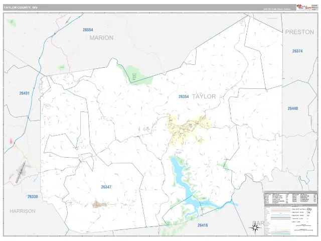 Taylor County, WV ZIP Code Wall Map, Classic style