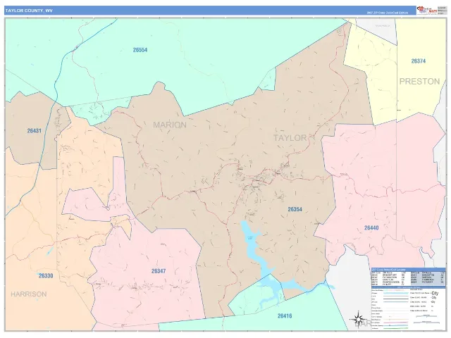 Taylor County, WV ZIP Code Wall Map, ColorCast style
