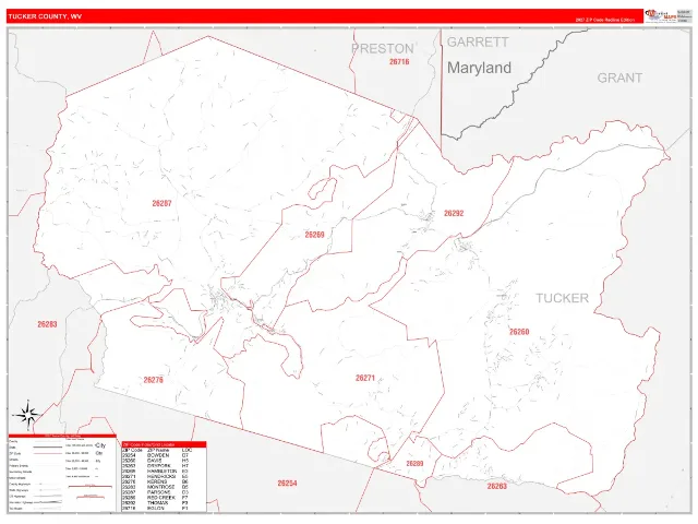 Tucker County, WV ZIP Code Wall Map, RedLine style