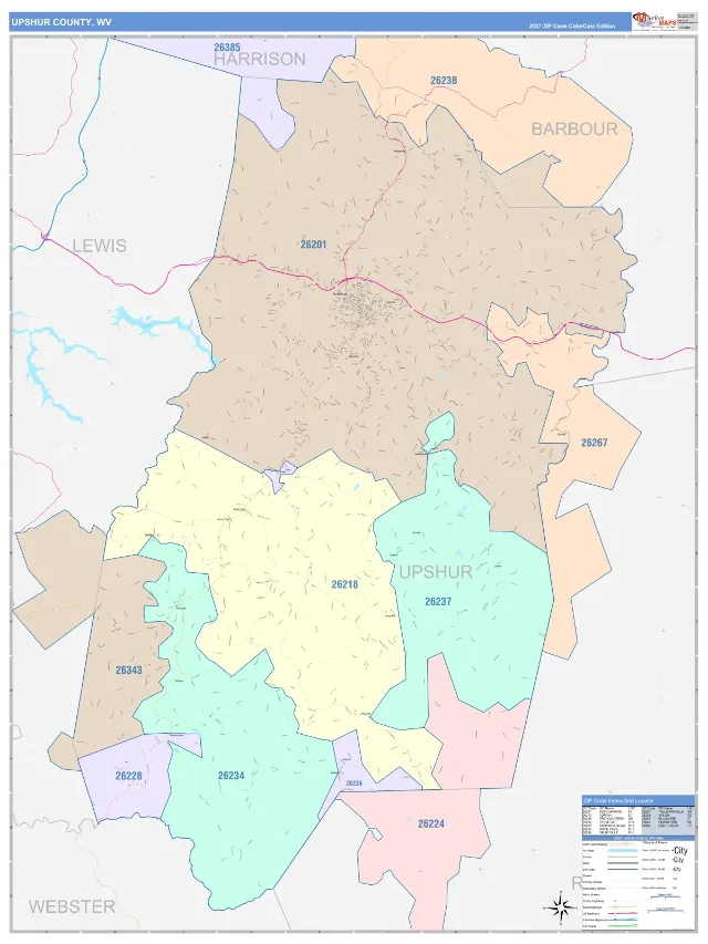 Upshur County, WV ZIP Code Wall Map, ColorCast style