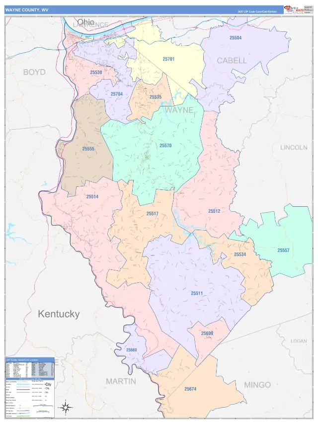 Wayne County, WV ZIP Code Wall Map, ColorCast style
