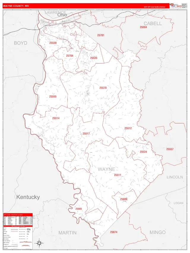 Wayne County, WV ZIP Code Wall Map, RedLine style
