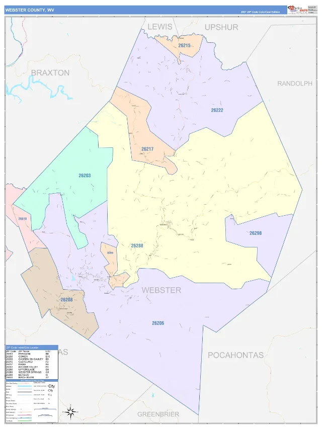 Webster County, WV ZIP Code Wall Map, ColorCast style