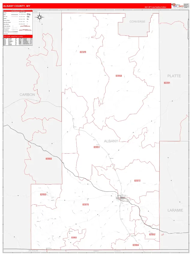 Albany County, WY ZIP Code Wall Map, RedLine style