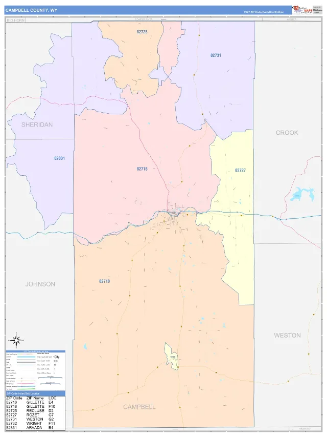 Campbell County, WY ZIP Code Wall Map, ColorCast style