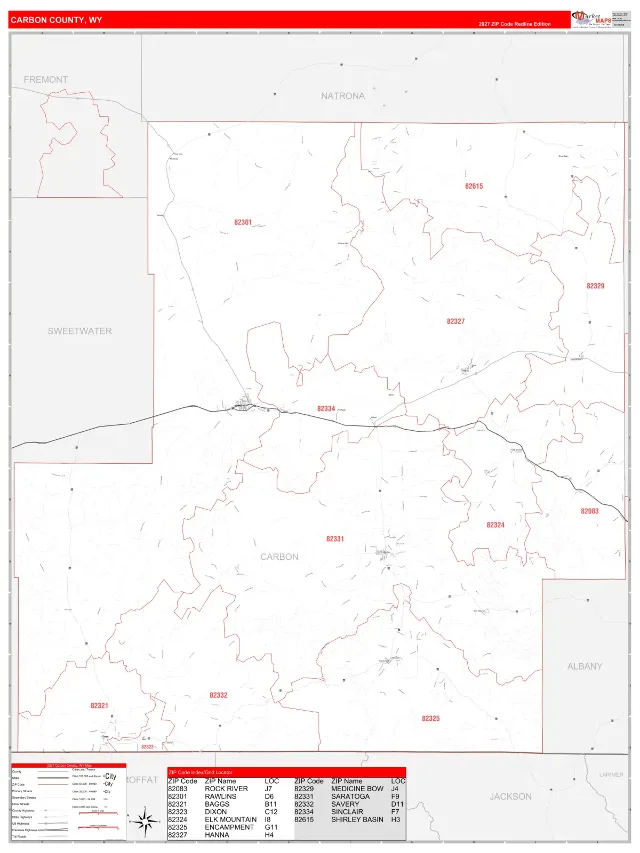 Carbon County, WY ZIP Code Wall Map, RedLine style