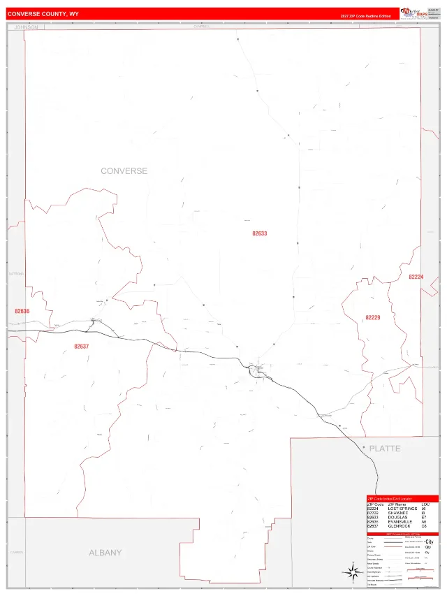 Converse County, WY ZIP Code Wall Map, RedLine style