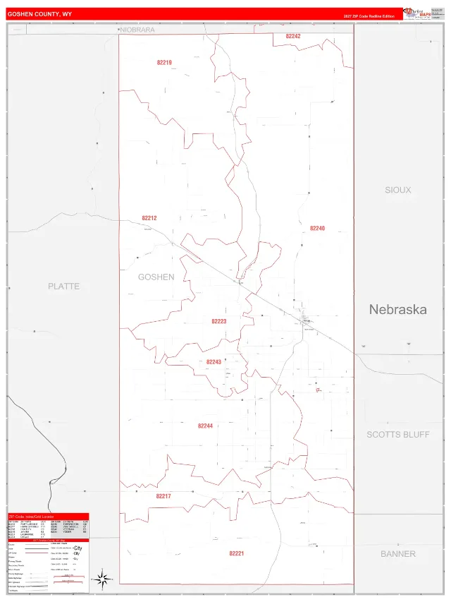 Goshen County, WY ZIP Code Wall Map, RedLine style