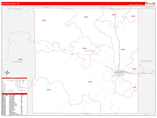 Natrona County, WY ZIP Code Wall Map, RedLine style