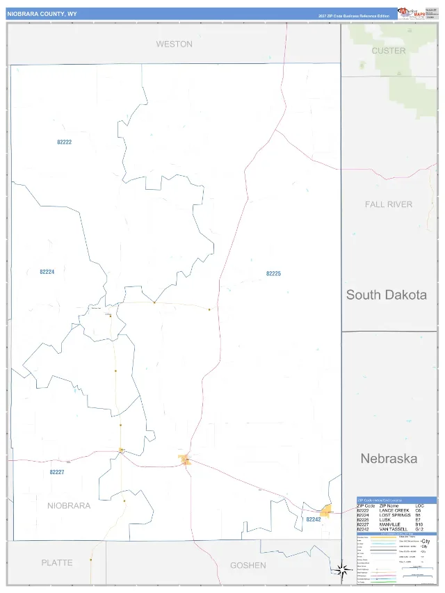 Niobrara County, WY ZIP Code Wall Map, Business Reference style