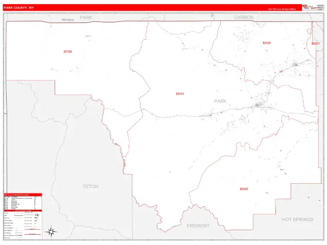 Park County, WY ZIP Code Wall Map, RedLine style
