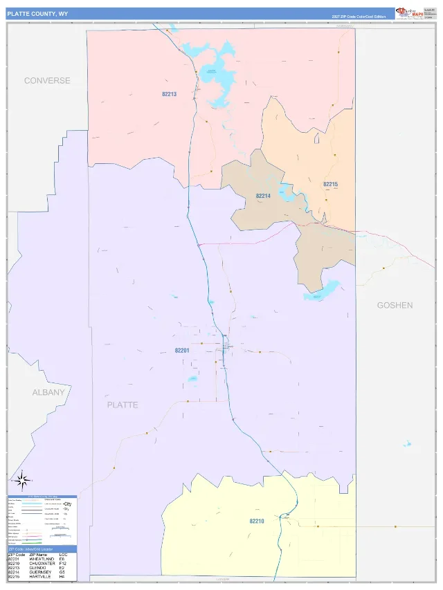 Platte County, WY ZIP Code Wall Map, ColorCast style