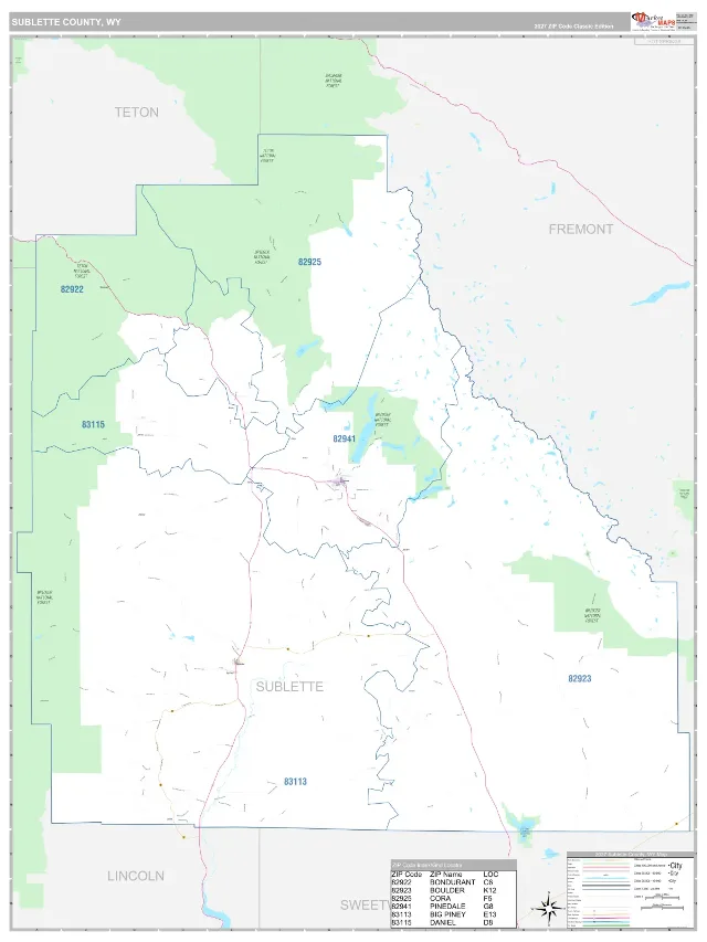 Sublette County, WY ZIP Code Wall Map, Classic style