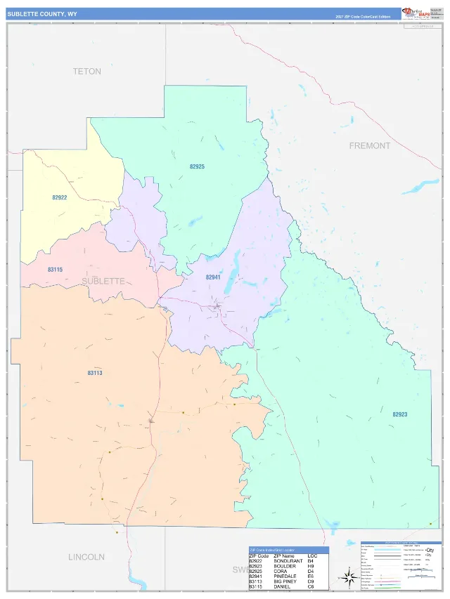 Sublette County, WY ZIP Code Wall Map, ColorCast style