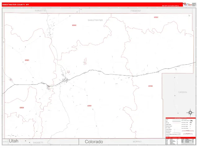 Sweetwater County, WY ZIP Code Wall Map, RedLine style